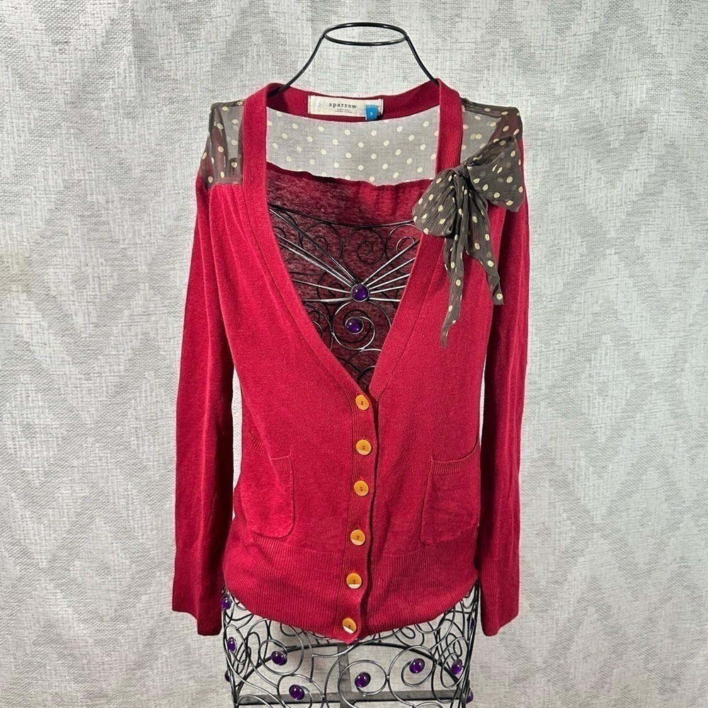 Anthropologie Sparrow red knit cardigan with brown bow size S